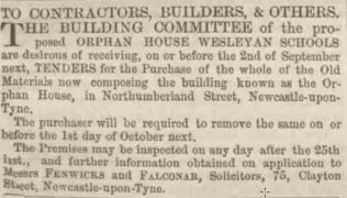 The Orphan House Newcastle on Tyne August 1856 advertisement for building contractors to carry out work on the Orphan House | Image from the collections of the Newcastle upon Tyne District Archives