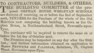 August 1856 advertisement for building contractors to carry out work on the Orphan House | Image from the collections of the Newcastle upon Tyne District Archives